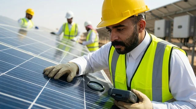 Arab Engineer Inspecting Solar Panels at Power Plant