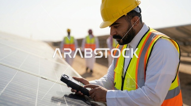 Arab Engineer Inspecting Solar Panels in Saudi Arabia