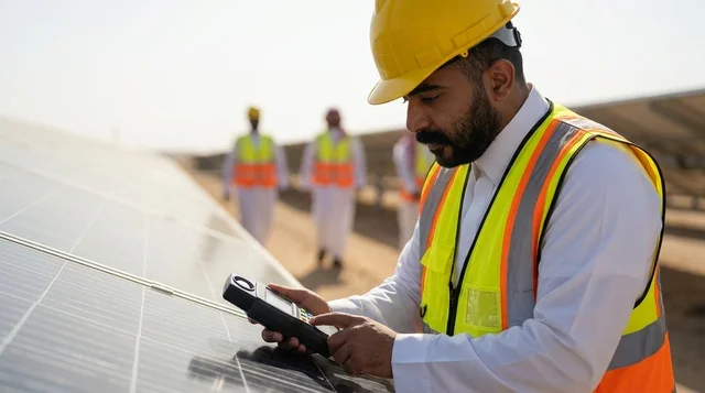 Arab Engineer Inspecting Solar Panels in Saudi Arabia