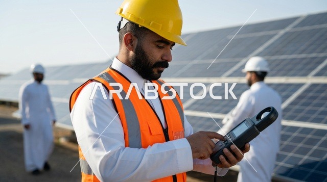 Saudi Engineer Testing Solar Panels at Power Plant