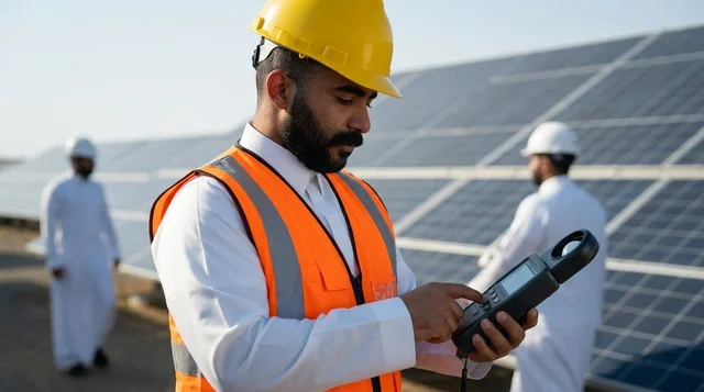 Saudi Engineer Testing Solar Panels at Power Plant