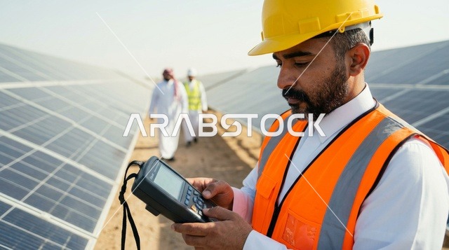 مهندس عربي يفحص ألواح الطاقة الشمسية في محطة توليد