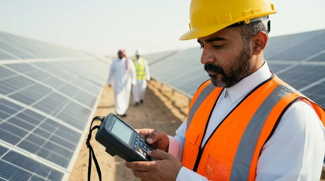 مهندس عربي يفحص ألواح الطاقة الشمسية في محطة توليد
