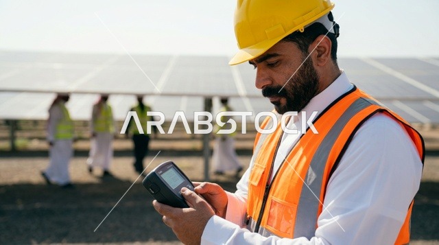 مهندس سعودي يفحص ألواح الطاقة الشمسية في المحطة