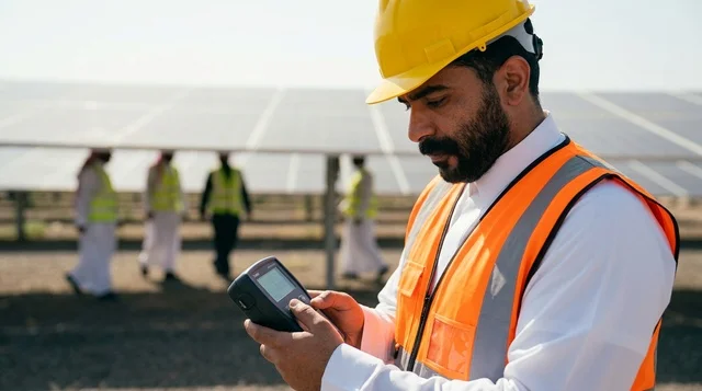 مهندس سعودي يفحص ألواح الطاقة الشمسية في المحطة