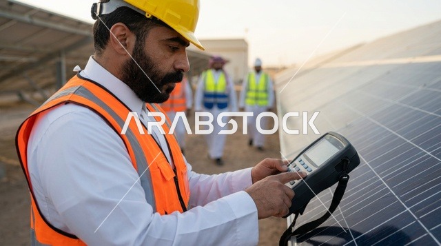 مهندس طاقة شمسية سعودي يفحص الألواح الشمسية في محطة العمل