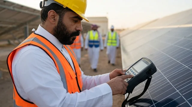 مهندس طاقة شمسية سعودي يفحص الألواح الشمسية في محطة العمل