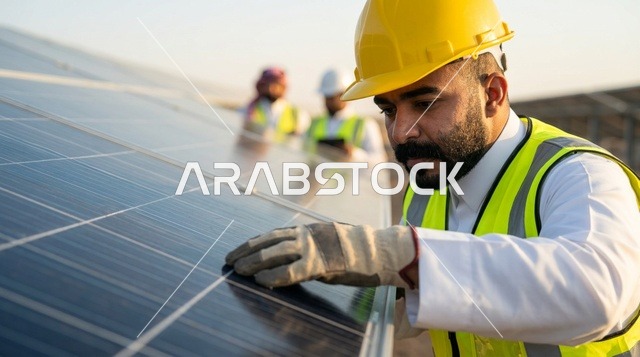 Arab Engineer Inspecting Solar Panels in Saudi Arabia