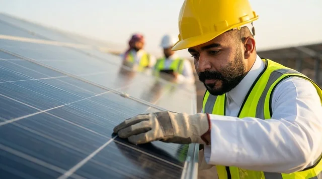 Arab Engineer Inspecting Solar Panels in Saudi Arabia