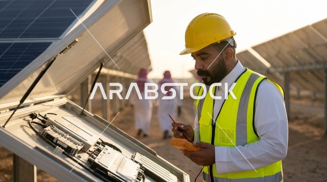 مهندس سعودي يفحص ألواح الطاقة الشمسية بالصحراء