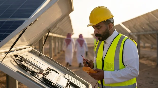 مهندس سعودي يفحص ألواح الطاقة الشمسية بالصحراء