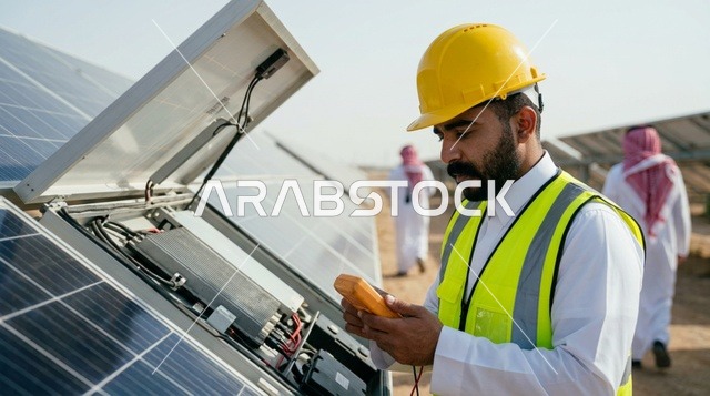 مهندس سعودي يفحص ألواح الطاقة الشمسية في محطة الطاقة