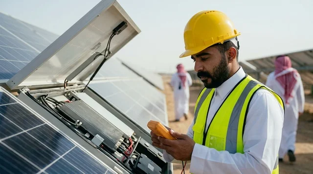 مهندس سعودي يفحص ألواح الطاقة الشمسية في محطة الطاقة