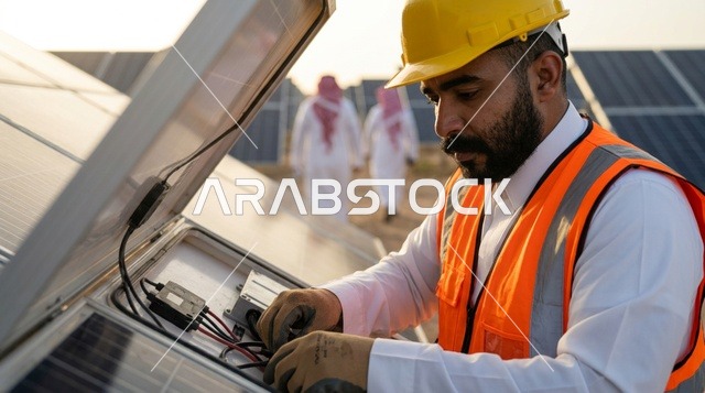 مهندس سعودي يقوم بصيانة ألواح الطاقة الشمسية في المحطة