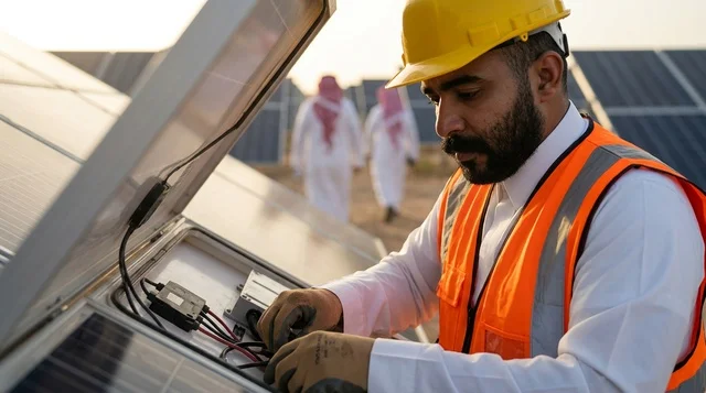 مهندس سعودي يقوم بصيانة ألواح الطاقة الشمسية في المحطة