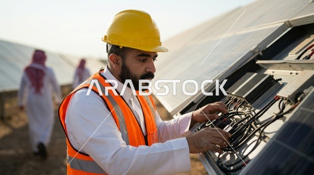 مهندس سعودي يقوم بصيانة ألواح الطاقة الشمسية بالخارج