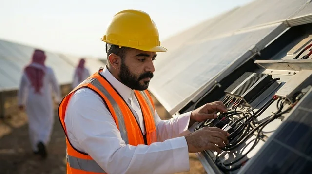 Saudi Engineer Inspecting Solar Panels at Renewable Site