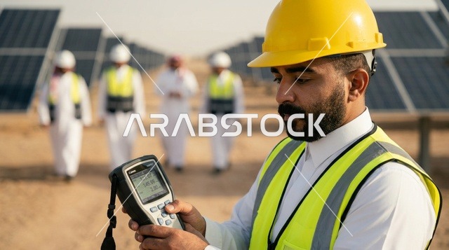 Arab Engineer Inspecting Solar Panels at Solar Farm