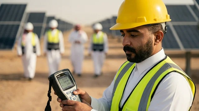 مهندس عربي يفحص ألواح الطاقة الشمسية في المحطة