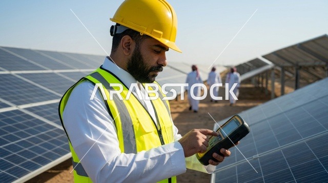 مهندس طاقة شمسية سعودي يفحص الألواح الشمسية بالنهار