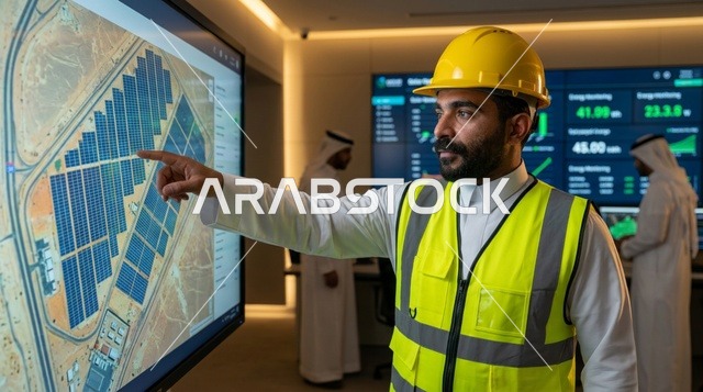 مهندس عربي يشير إلى شاشة تحكم ألواح الطاقة الشمسية
