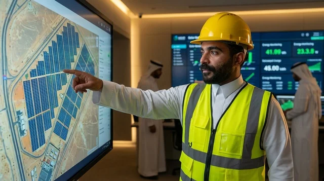مهندس عربي يشير إلى شاشة تحكم ألواح الطاقة الشمسية