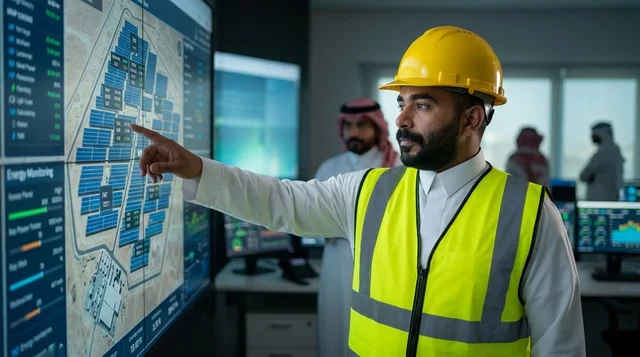 مهندس سعودي يراقب نظام ألواح الطاقة الشمسية في غرفة التحكم