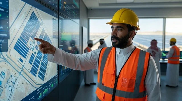 مهندس عربي يراقب ألواح الطاقة الشمسية في غرفة التحكم
