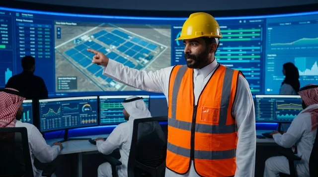 مهندس سعودي يراقب الواح الطاقة الشمسية في غرفة التحكم