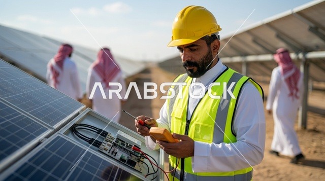 Saudi Engineer Inspecting Solar Panels at Power Plant