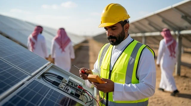 Saudi Engineer Inspecting Solar Panels at Power Plant