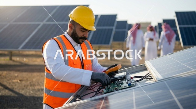 مهندس عربي يقوم بفحص ألواح الطاقة الشمسية في محطة التوليد