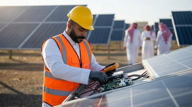 مهندس عربي يقوم بفحص ألواح الطاقة الشمسية في محطة التوليد