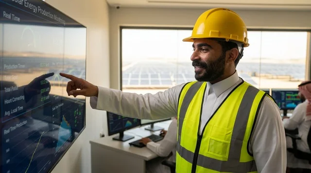 مهندس عربي يراقب إنتاج ألواح الطاقة الشمسية بغرفة التحكم
