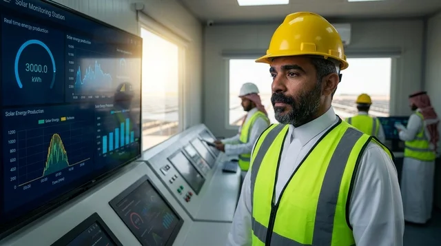 مهندس عربي يراقب البيانات في غرفة تحكم الطاقة الشمسية