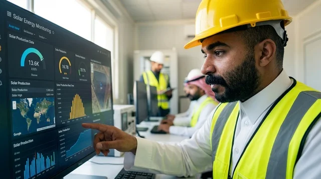 مهندس عربي يراقب بيانات الطاقة الشمسية في غرفة التحكم