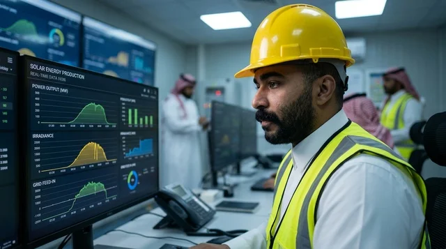 Saudi Engineer Monitoring Solar Energy Data in Control Room