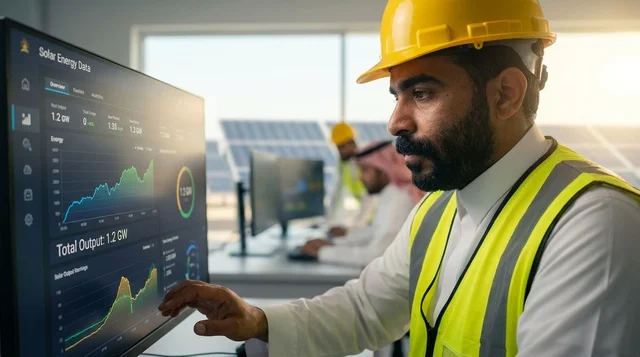 مهندس عربي يراقب بيانات الطاقة الشمسية في غرفة التحكم