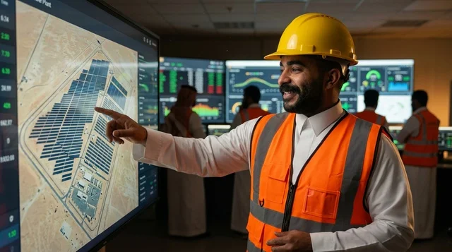 Arab Engineer Monitoring Solar Panels in Control Room