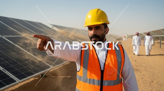 مهندس سعودي يشير إلى ألواح الطاقة الشمسية بالصحراء
