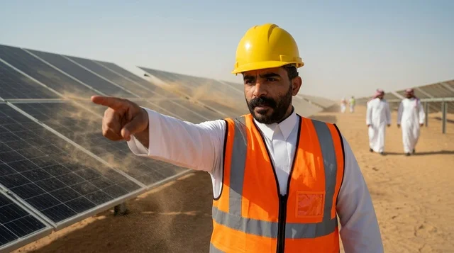 مهندس سعودي يشير إلى ألواح الطاقة الشمسية بالصحراء