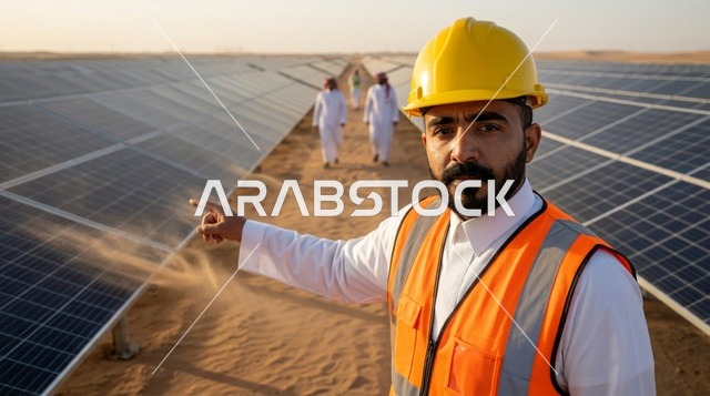 مهندس سعودي يشير إلى ألواح الطاقة الشمسية في الصحراء