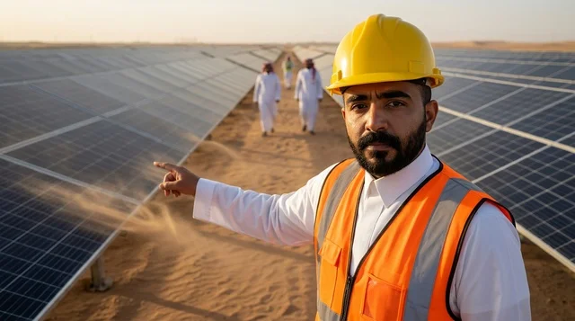 مهندس سعودي يشير إلى ألواح الطاقة الشمسية في الصحراء