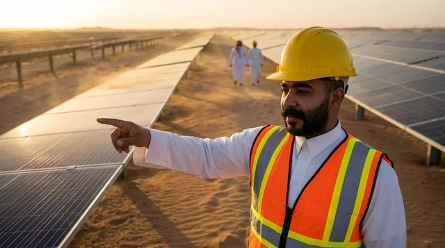 مهندس عربي في محطة ألواح الطاقة الشمسية الصحراوية