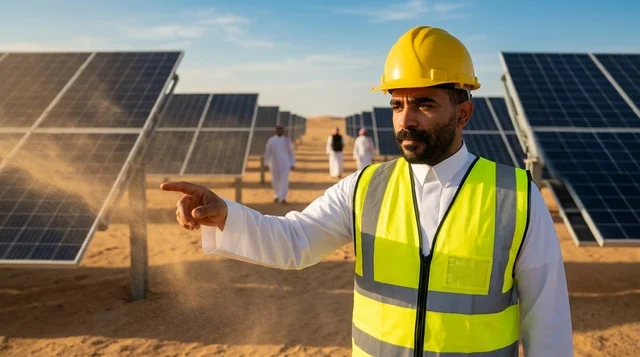 مهندس عربي في محطة ألواح الطاقة الشمسية الصحراوية