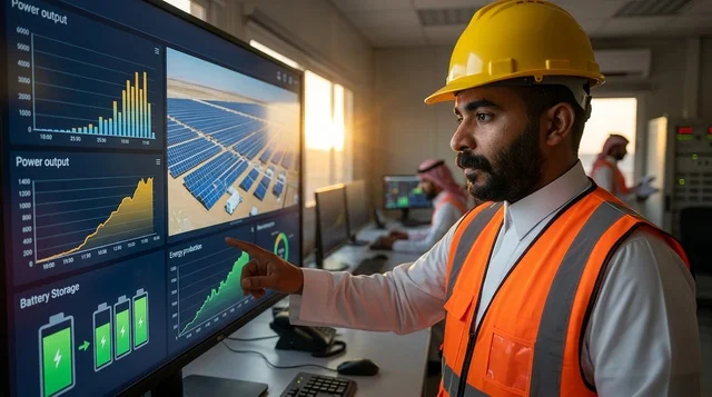 مهندس عربي يراقب إنتاج الطاقة الشمسية في غرفة التحكم