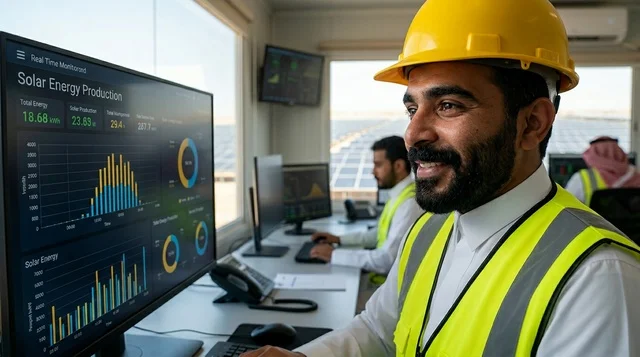 مهندس سعودي يراقب بيانات إنتاج الطاقة الشمسية