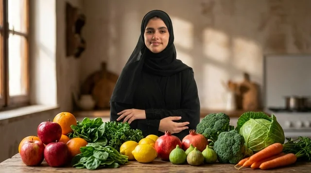 امرأة عربية ترتدي الحجاب مع خضروات طازجة في المطبخ