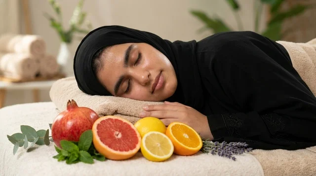 Arab Woman Wearing Hijab Relaxing at Spa with Fruits