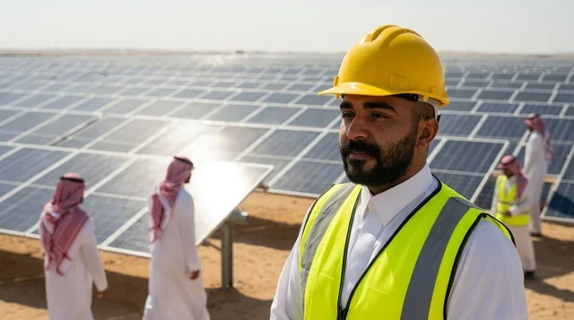 مهندس سعودي في محطة ألواح الطاقة الشمسية بالصحراء
